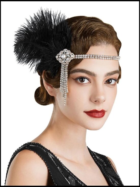 Vintage Flapper Headband with Feathers and Rhinestones 1920s Gatsby Hair main image 6